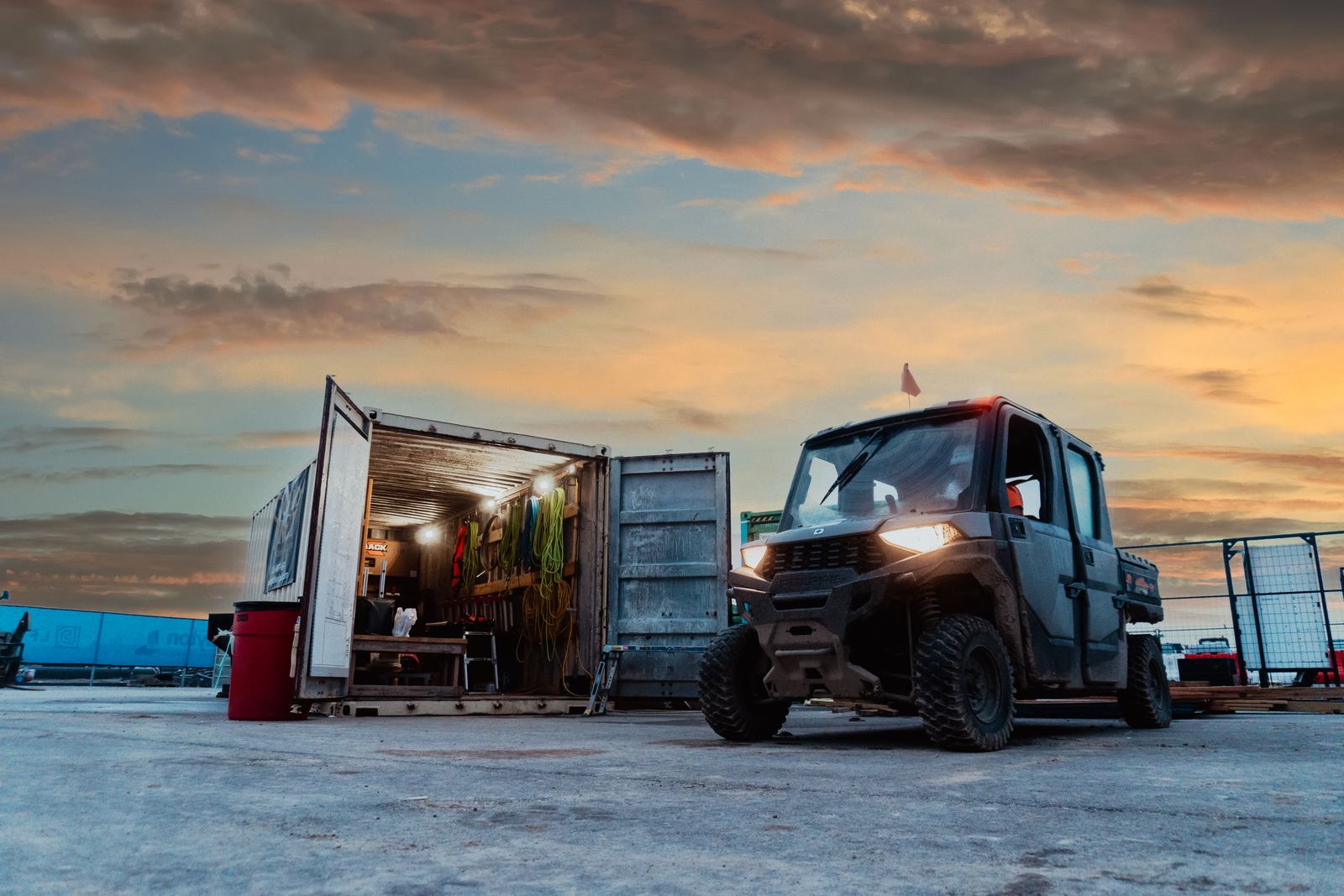 Gold Key connex and equipment staged on site at dusk