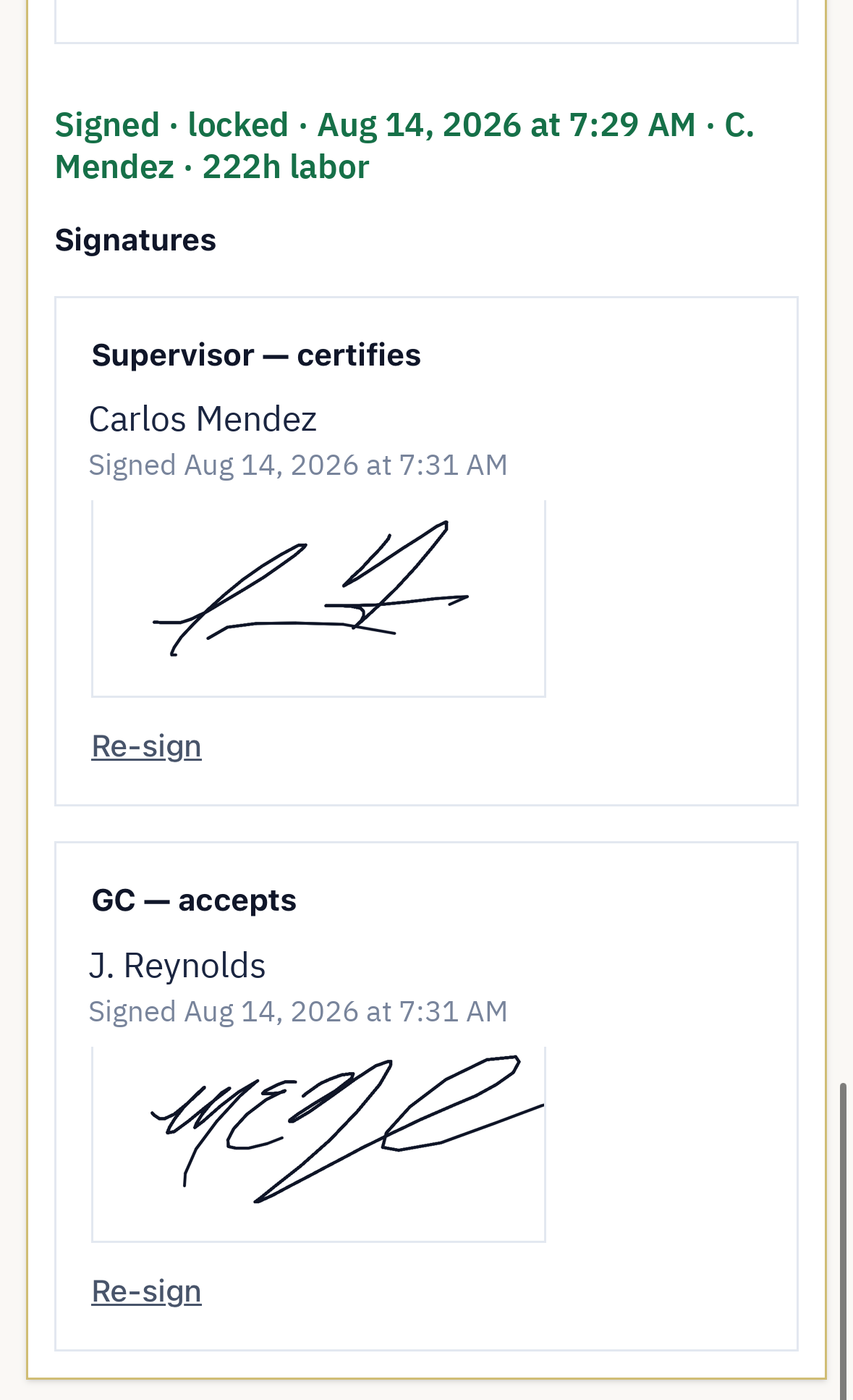 Supervisor and GC signatures on the day's record