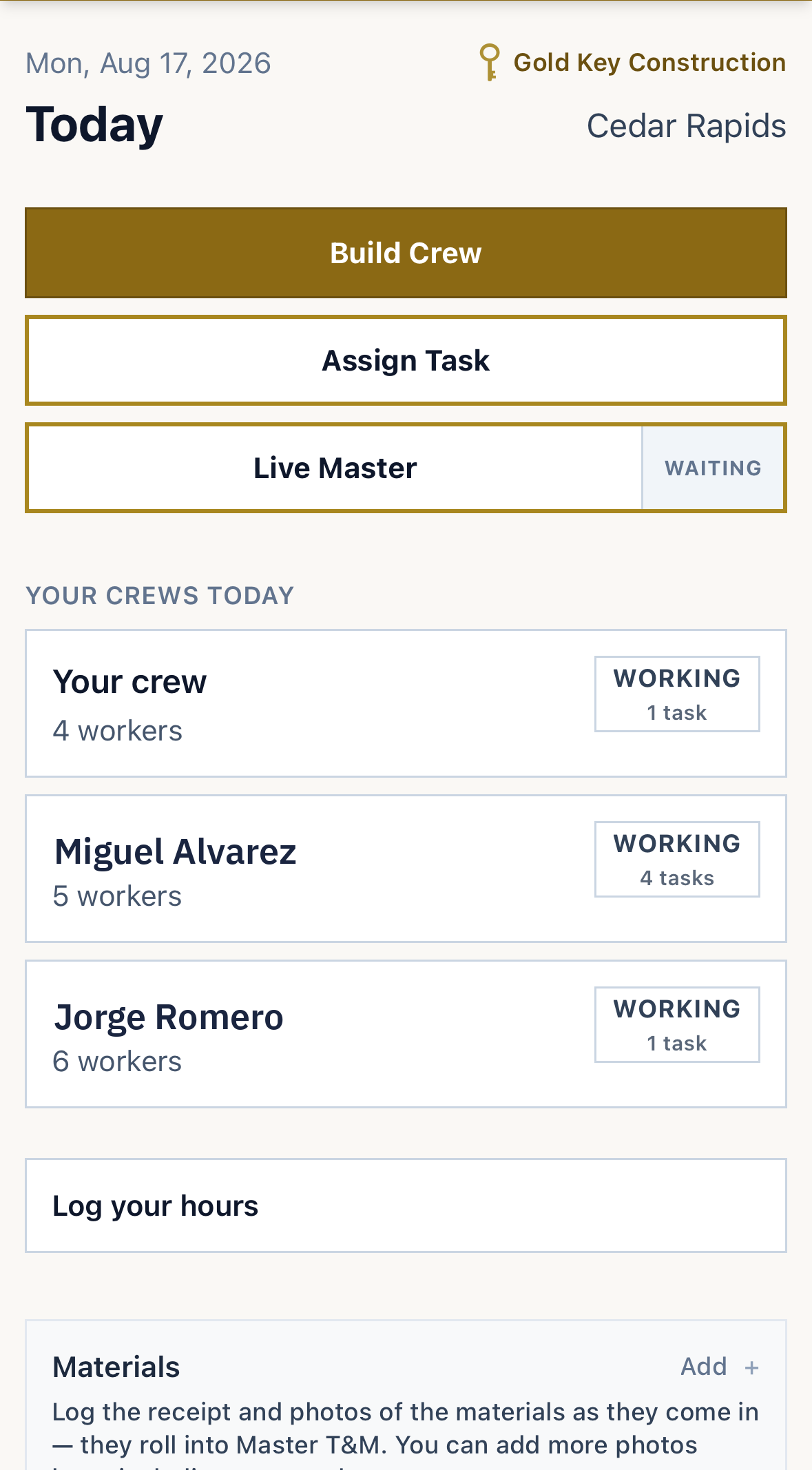 Daily crew and task board